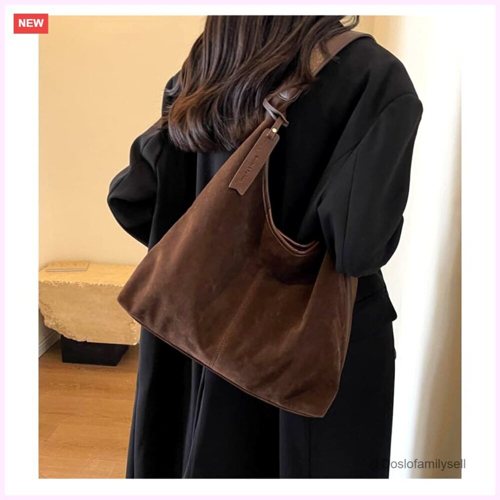 Suede Hobo Tote Bag Elegant Minimal Chic Work Purse Shoulder Bag Fall Aesthetics - Picture 2 of 7
